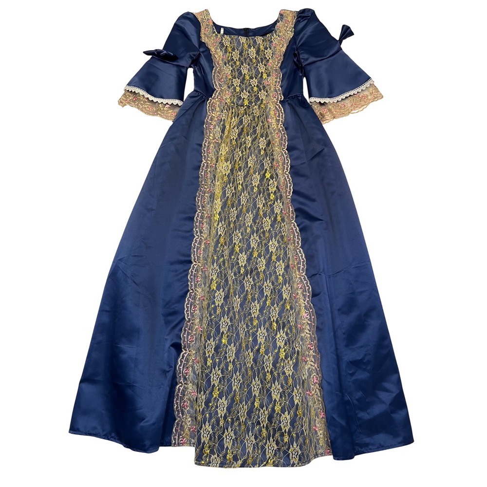 Blue Gold Lace Overlay Renaissance Regency Royalcore Costume Gown Size M
